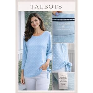 Talbots Women’s XL Light Blue Polka Dot Top 3/4 Sleeve Tie Soft Casual Preppy